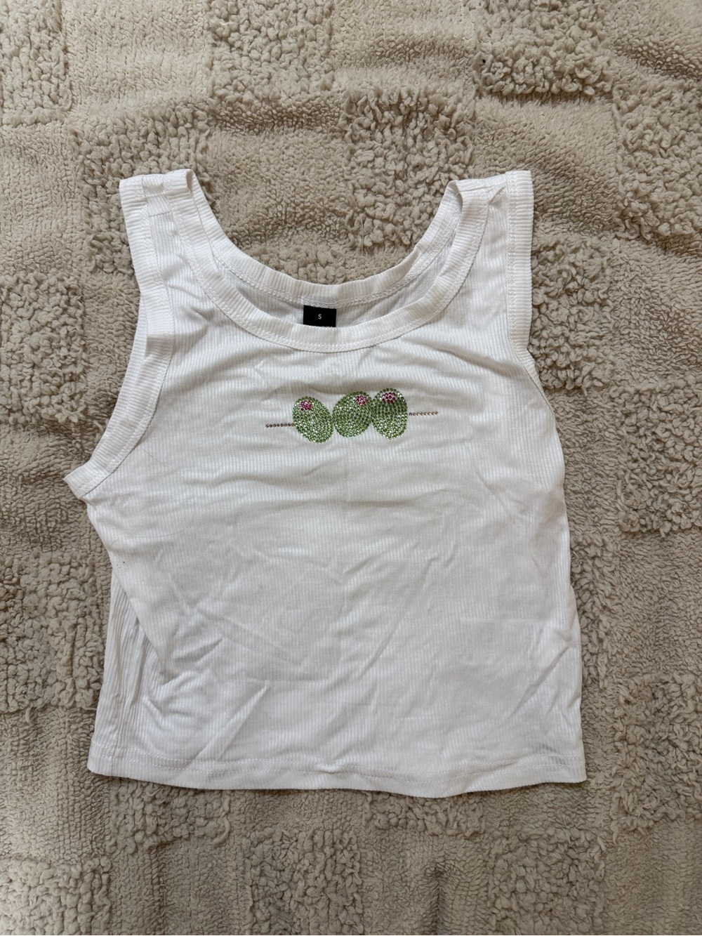 SHEIN White Ribbed Tank with Green Olive Embroidery